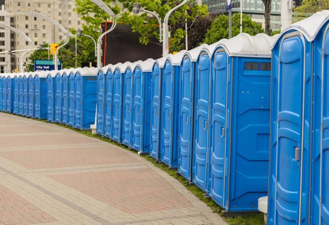 a row of portable restrooms ready for eventgoers in East Greenville